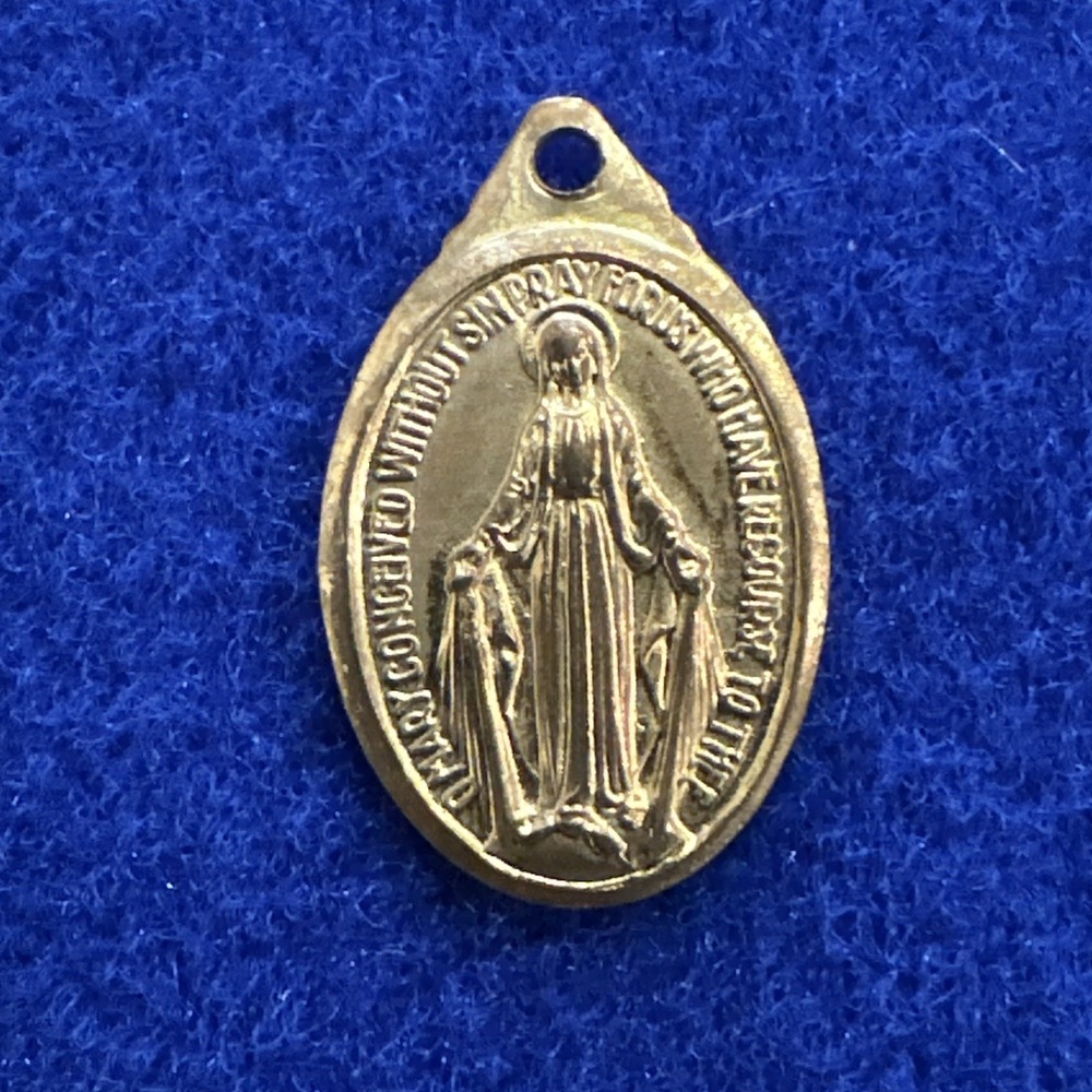 French Early Brass Mary Pendant Antique 1" 1800s Miraculous Medal Copper Oval
